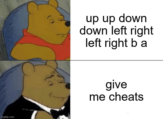 konami code in a nutshell | up up down down left right left right b a; give me cheats | image tagged in memes,tuxedo winnie the pooh | made w/ Imgflip meme maker