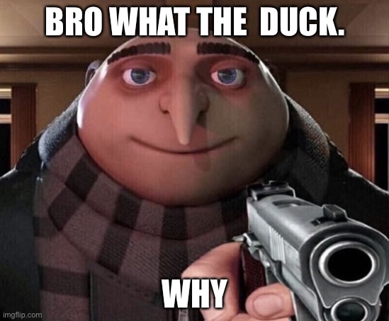 Why | BRO WHAT THE  DUCK. WHY | image tagged in gru gun | made w/ Imgflip meme maker