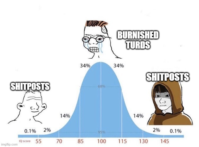 Shitposts & burnished turds | BURNISHED
TURDS; SHITPOSTS; SHITPOSTS | image tagged in bell curve | made w/ Imgflip meme maker