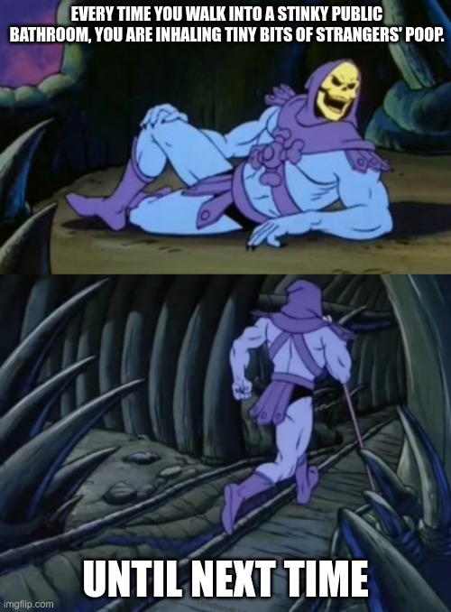 Disturbing Facts Skeletor | EVERY TIME YOU WALK INTO A STINKY PUBLIC BATHROOM, YOU ARE INHALING TINY BITS OF STRANGERS' POOP. UNTIL NEXT TIME | image tagged in disturbing facts skeletor | made w/ Imgflip meme maker