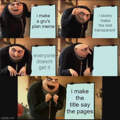 i make a gru's plan meme, i slowly make the text transparent,everyone doesnt get it, everyone doesnt get it | i make a gru's plan meme; i slowly make the text transparent; everyone doesnt get it; everyone doesnt get it; i make the title say the pages | image tagged in 5 panel gru meme | made w/ Imgflip meme maker