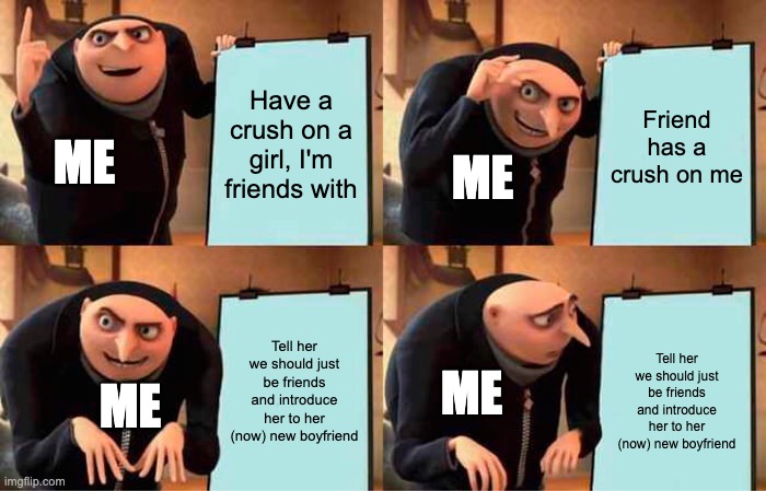 Gru's Plan Meme | Have a crush on a girl, I'm friends with; Friend has a crush on me; ME; ME; Tell her we should just be friends and introduce her to her (now) new boyfriend; Tell her we should just be friends and introduce her to her (now) new boyfriend; ME; ME | image tagged in memes,gru's plan | made w/ Imgflip meme maker