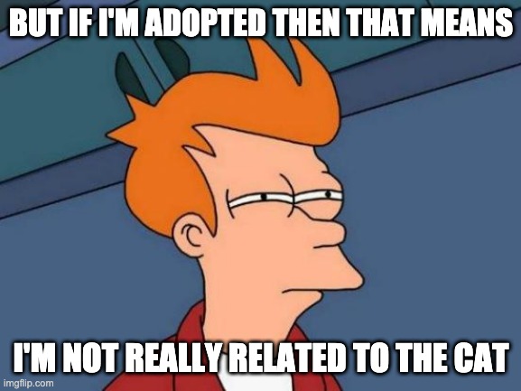 Futurama Fry | BUT IF I'M ADOPTED THEN THAT MEANS; I'M NOT REALLY RELATED TO THE CAT | image tagged in memes,futurama fry | made w/ Imgflip meme maker