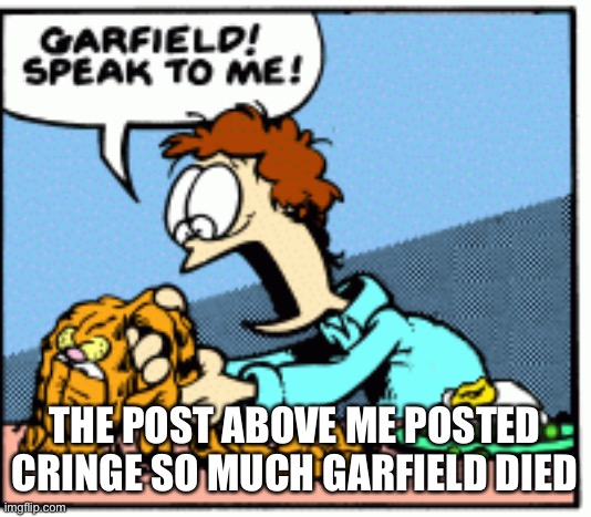 Garfield speak to me! | THE POST ABOVE ME POSTED CRINGE SO MUCH GARFIELD DIED | image tagged in garfield speak to me | made w/ Imgflip meme maker