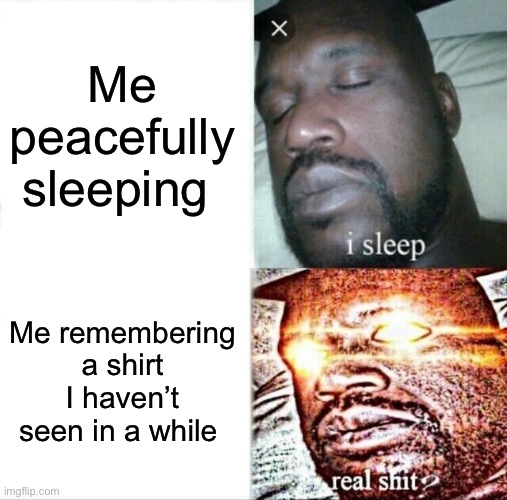 Anyone else? | Me peacefully sleeping; Me remembering a shirt I haven’t seen in a while | image tagged in memes,sleeping shaq | made w/ Imgflip meme maker