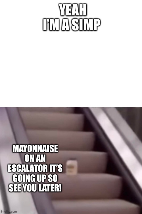 YEAH I’M A SIMP; MAYONNAISE ON AN ESCALATOR IT’S GOING UP SO SEE YOU LATER! | image tagged in blank white template,mayonnaise on an escalator | made w/ Imgflip meme maker