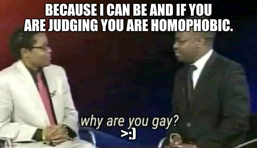 Why are you gay? | BECAUSE I CAN BE AND IF YOU ARE JUDGING YOU ARE HOMOPHOBIC. >:) | image tagged in why are you gay | made w/ Imgflip meme maker