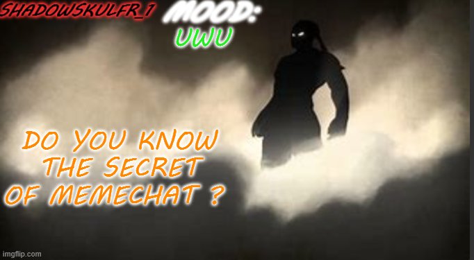 ShadowSkulFR_1 template | UWU; DO YOU KNOW THE SECRET OF MEMECHAT ? | image tagged in shadowskulfr_1 template | made w/ Imgflip meme maker