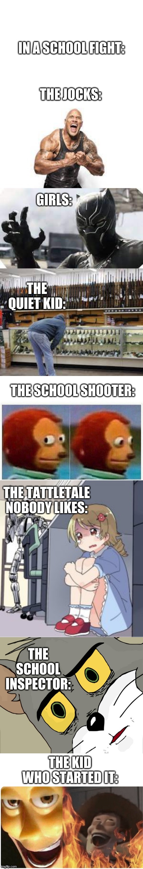 school fights | image tagged in satanic woody,unsettled tom | made w/ Imgflip meme maker