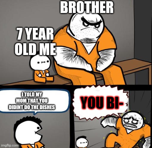 Prison Kid | BROTHER; 7 YEAR OLD ME; I TOLD MY MOM THAT YOU DIDINT DO THE DISHES; YOU BI- | image tagged in prison kid | made w/ Imgflip meme maker