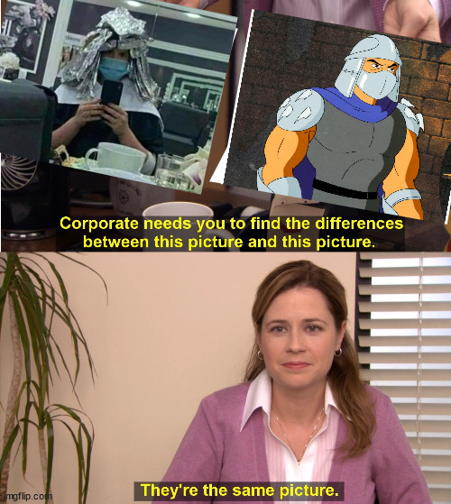 Wife getting hair done looks like shredder. | image tagged in memes,they're the same picture | made w/ Imgflip meme maker