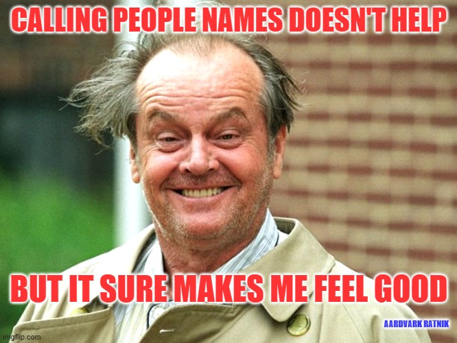 Name calling | CALLING PEOPLE NAMES DOESN'T HELP; BUT IT SURE MAKES ME FEEL GOOD; AARDVARK RATNIK | image tagged in funny memes,jack nicholson crazy hair,facebook | made w/ Imgflip meme maker