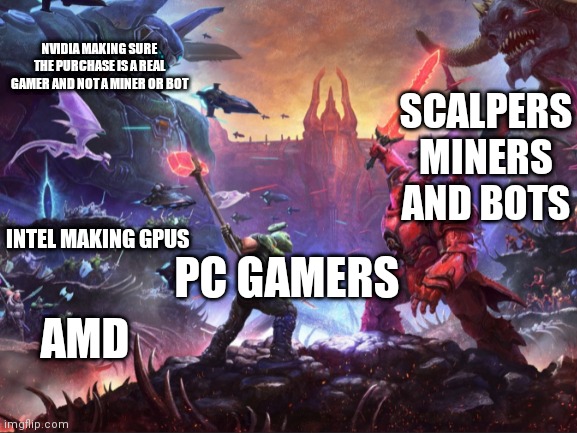 The war of PC Gamers vs Scalpers, Miners and bots be like | NVIDIA MAKING SURE THE PURCHASE IS A REAL GAMER AND NOT A MINER OR BOT; SCALPERS MINERS AND BOTS; PC GAMERS; INTEL MAKING GPUS; AMD | image tagged in war,pc gaming | made w/ Imgflip meme maker