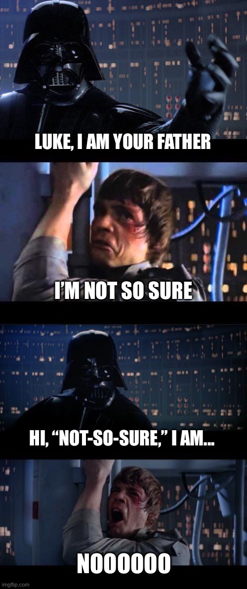 Vader got dad jokes |  LUKE, I AM YOUR FATHER; I’M NOT SO SURE; HI, “NOT-SO-SURE,” I AM... NOOOOOO | image tagged in darth vader no extended | made w/ Imgflip meme maker