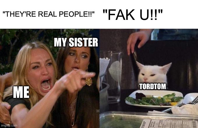 Woman Yelling At Cat | "THEY'RE REAL PEOPLE!!"; "FAK U!!"; MY SISTER; TORDTOM; ME | image tagged in memes,woman yelling at cat | made w/ Imgflip meme maker