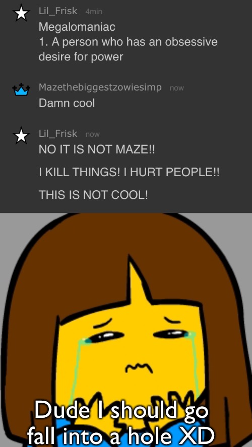 Seriously I should fall into a hole | Dude I should go fall into a hole XD | image tagged in super sad frisk | made w/ Imgflip meme maker