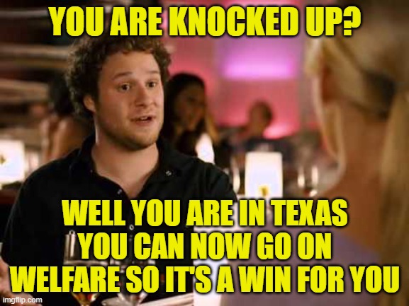 Knocked Up | YOU ARE KNOCKED UP? WELL YOU ARE IN TEXAS YOU CAN NOW GO ON WELFARE SO IT'S A WIN FOR YOU | image tagged in knocked up | made w/ Imgflip meme maker