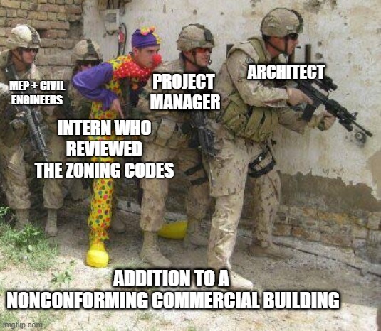 Zoning hacks | ARCHITECT; MEP + CIVIL
ENGINEERS; PROJECT 
MANAGER; INTERN WHO REVIEWED THE ZONING CODES; ADDITION TO A  NONCONFORMING COMMERCIAL BUILDING | image tagged in army clown,zoning,architecture | made w/ Imgflip meme maker