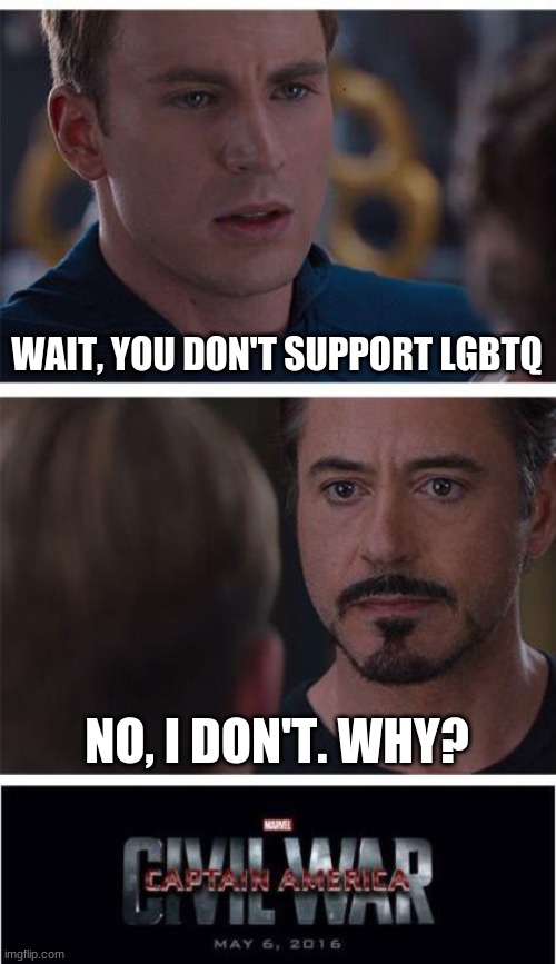 L g b t q m e m e | WAIT, YOU DON'T SUPPORT LGBTQ; NO, I DON'T. WHY? | image tagged in memes,marvel civil war 1 | made w/ Imgflip meme maker