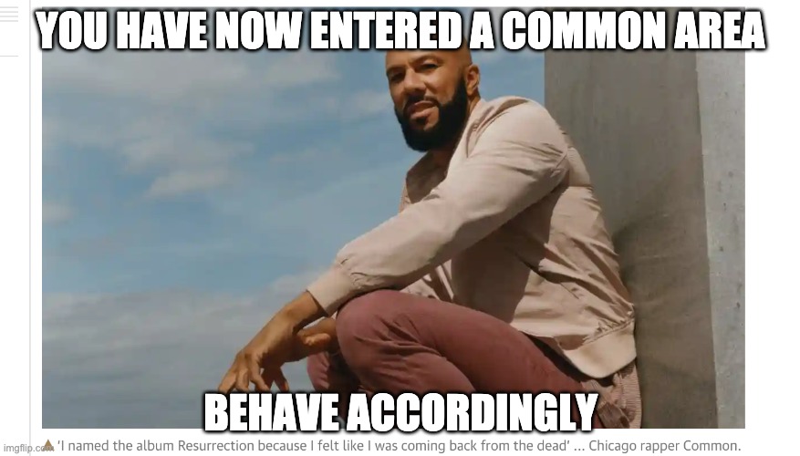Common area | YOU HAVE NOW ENTERED A COMMON AREA; BEHAVE ACCORDINGLY | image tagged in common,rappers | made w/ Imgflip meme maker