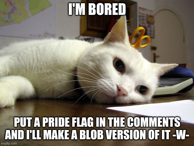 Annoyed tired bored cat  | I'M BORED; PUT A PRIDE FLAG IN THE COMMENTS AND I'LL MAKE A BLOB VERSION OF IT -W- | image tagged in annoyed tired bored cat | made w/ Imgflip meme maker