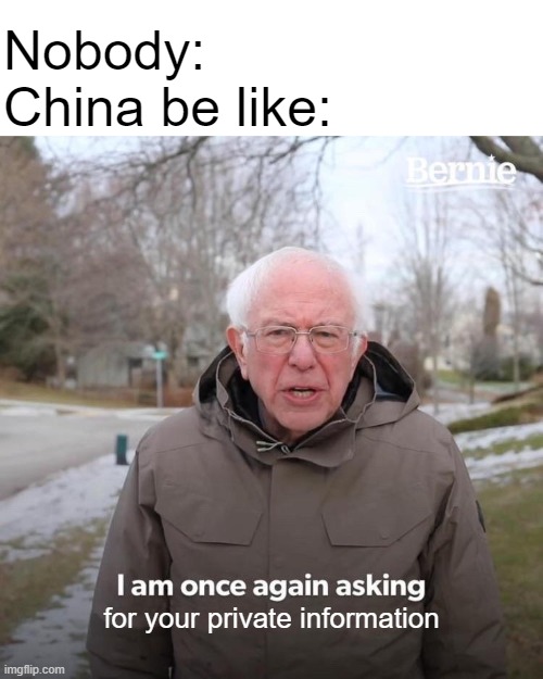 China wants the private info | Nobody:
China be like:; for your private information | image tagged in bernie i am once again asking for your support,china | made w/ Imgflip meme maker