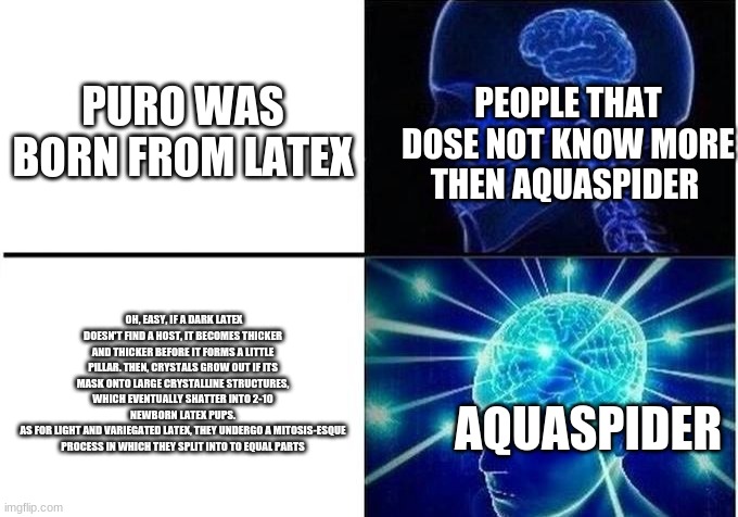 Small brain meme | PURO WAS BORN FROM LATEX OH, EASY, IF A DARK LATEX DOESN'T FIND A HOST, IT BECOMES THICKER AND THICKER BEFORE IT FORMS A LITTLE PILLAR. THEN | image tagged in small brain meme | made w/ Imgflip meme maker