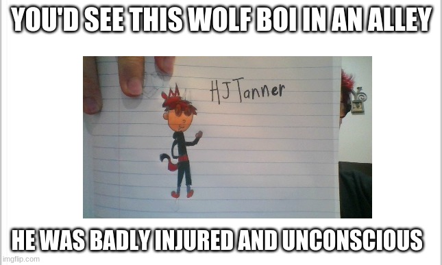 I'm bored from a long day at school :P | YOU'D SEE THIS WOLF BOI IN AN ALLEY; HE WAS BADLY INJURED AND UNCONSCIOUS | image tagged in roleplaying | made w/ Imgflip meme maker