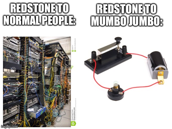 Mumbo is a Redstone genius |  REDSTONE TO MUMBO JUMBO:; REDSTONE TO NORMAL PEOPLE: | image tagged in mumbo jumbo,minecraft,memes,leclerc is the best f1 driver,fun | made w/ Imgflip meme maker