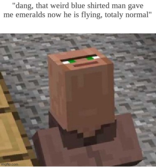 or its just creative. | "dang, that weird blue shirted man gave me emeralds now he is flying, totaly normal" | image tagged in minecraft villager looking up | made w/ Imgflip meme maker