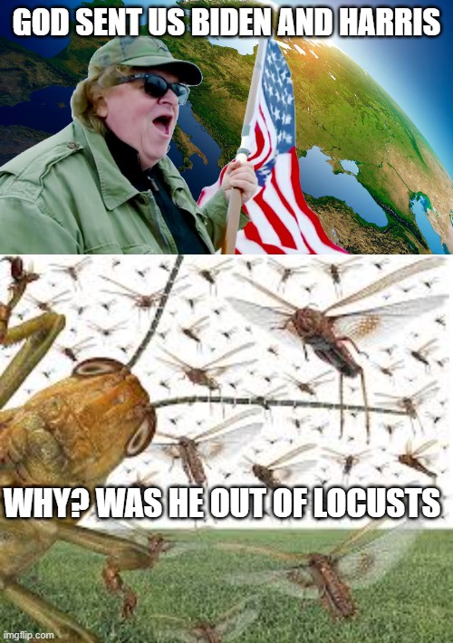 Michael Moore is a Fool | GOD SENT US BIDEN AND HARRIS; WHY? WAS HE OUT OF LOCUSTS | image tagged in joe biden,kamala harris,locusts,politics,michael moore | made w/ Imgflip meme maker