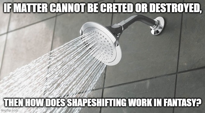 shapeshifting | IF MATTER CANNOT BE CRETED OR DESTROYED, THEN HOW DOES SHAPESHIFTING WORK IN FANTASY? | image tagged in shower thoughts | made w/ Imgflip meme maker