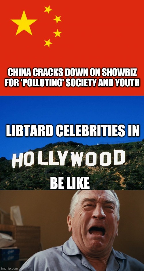 CHINA CRACKS DOWN ON SHOWBIZ FOR 'POLLUTING' SOCIETY AND YOUTH; LIBTARD CELEBRITIES IN; BE LIKE | image tagged in china flag,scumbag hollywood,crying robert de niro | made w/ Imgflip meme maker