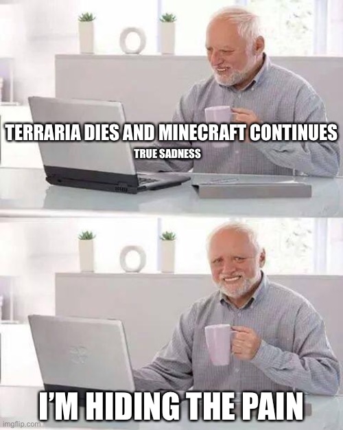 When terraria dies and Minecraft goes on | TERRARIA DIES AND MINECRAFT CONTINUES; TRUE SADNESS; I’M HIDING THE PAIN | image tagged in memes,hide the pain harold,terraria,minecraft,eternal sadness | made w/ Imgflip meme maker