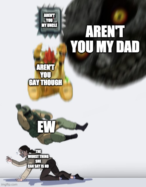stuff falling on you extended | AREN'T YOU MY DAD; AREN'T YOU MY UNCLE; AREN'T YOU GAY THOUGH; EW; THE WORST THING SHE CAN SAY IS NO | image tagged in stuff falling on you extended | made w/ Imgflip meme maker
