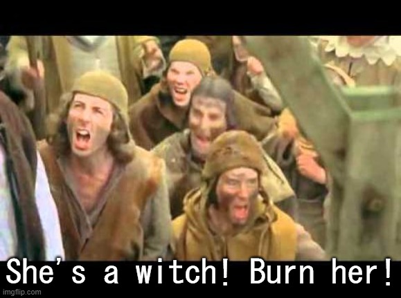 She's a witch! Burn her! Monty Python | She's a witch! Burn her! | image tagged in she's a witch burn her monty python | made w/ Imgflip meme maker