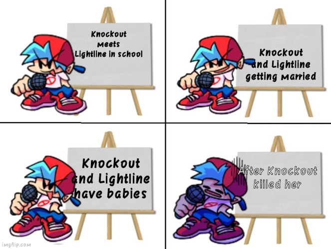 The story of Knockout and Lightline are married |  Knockout and Lightline getting married; Knockout meets Lightline in school; Knockout and Lightline have babies; After Knockout killed her | image tagged in the bf's plan,tfp,transformers,knockout | made w/ Imgflip meme maker