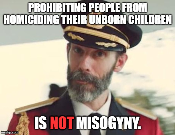 Nothing Misogynistic About That, Or This | PROHIBITING PEOPLE FROM HOMICIDING THEIR UNBORN CHILDREN; IS NOT MISOGYNY. NOT | image tagged in captain obvious,abortion is murder | made w/ Imgflip meme maker
