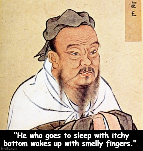 Confucius Says | "He who goes to sleep with itchy bottom wakes up with smelly fingers." | image tagged in confucius says,memes | made w/ Imgflip meme maker