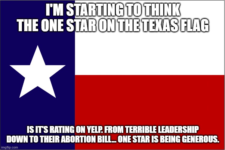 Texas flag refugees welcome | I'M STARTING TO THINK THE ONE STAR ON THE TEXAS FLAG; IS IT'S RATING ON YELP. FROM TERRIBLE LEADERSHIP DOWN TO THEIR ABORTION BILL... ONE STAR IS BEING GENEROUS. | image tagged in texas flag refugees welcome | made w/ Imgflip meme maker