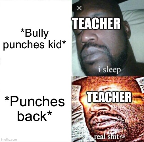Real s*** | *Bully punches kid*; TEACHER; *Punches back*; TEACHER | image tagged in memes,sleeping shaq | made w/ Imgflip meme maker