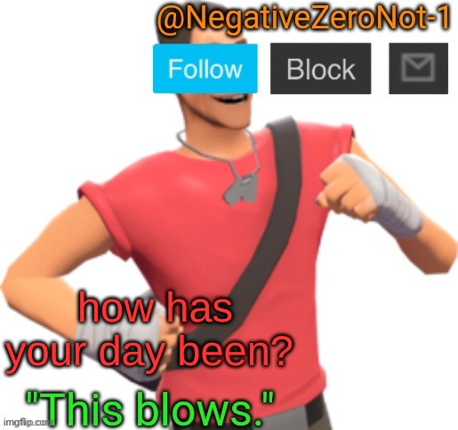 Negatives Template of TF2 | how has your day been? | image tagged in negatives template of tf2 | made w/ Imgflip meme maker