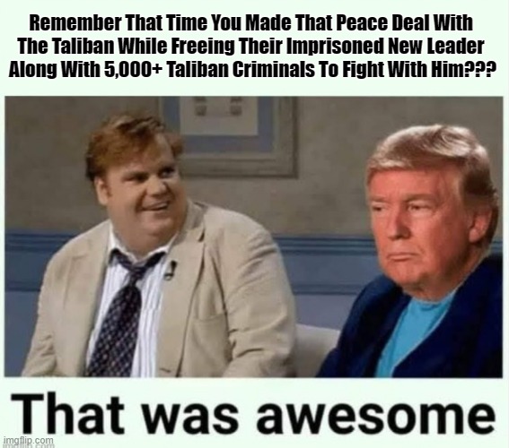 Trump Taliban | Remember That Time You Made That Peace Deal With 
The Taliban While Freeing Their Imprisoned New Leader 
Along With 5,000+ Taliban Criminals To Fight With Him??? | made w/ Imgflip meme maker