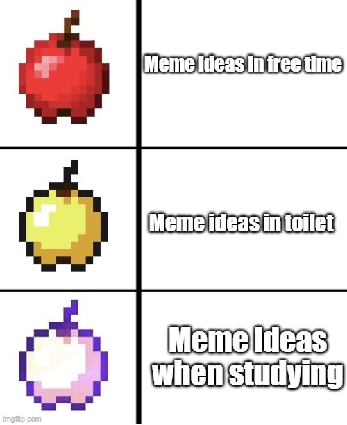 I have no idea what im doing right now | Meme ideas in free time; Meme ideas in toilet; Meme ideas when studying | image tagged in minecraft apple format | made w/ Imgflip meme maker