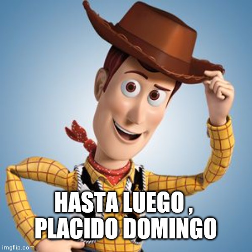 Woody tip hat frowny | HASTA LUEGO , 
PLACIDO DOMINGO | image tagged in woody tip hat frowny | made w/ Imgflip meme maker
