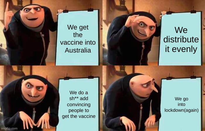 The Australian Government | We get the vaccine into Australia; We distribute it evenly; We do a sh** add convincing people to get the vaccine; We go into lockdown(again) | image tagged in memes,gru's plan | made w/ Imgflip meme maker