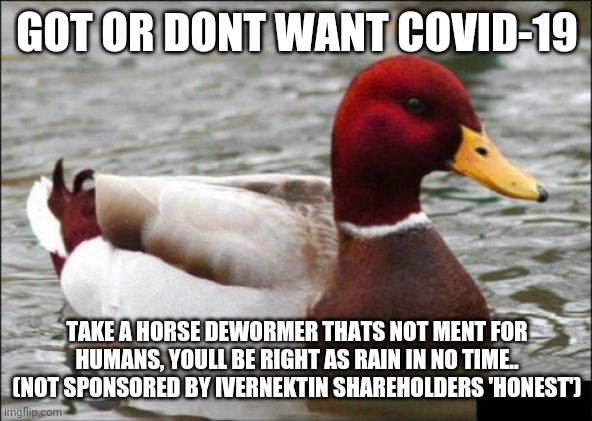 Malicious Advice Mallard | GOT OR DONT WANT COVID-19; TAKE A HORSE DEWORMER THATS NOT MENT FOR HUMANS, YOULL BE RIGHT AS RAIN IN NO TIME.. (NOT SPONSORED BY IVERNEKTIN SHAREHOLDERS 'HONEST') | image tagged in memes,malicious advice mallard | made w/ Imgflip meme maker
