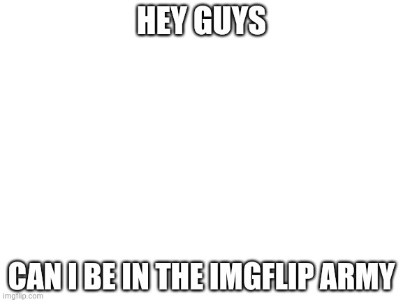 Hello | HEY GUYS; CAN I BE IN THE IMGFLIP ARMY | image tagged in blank white template | made w/ Imgflip meme maker