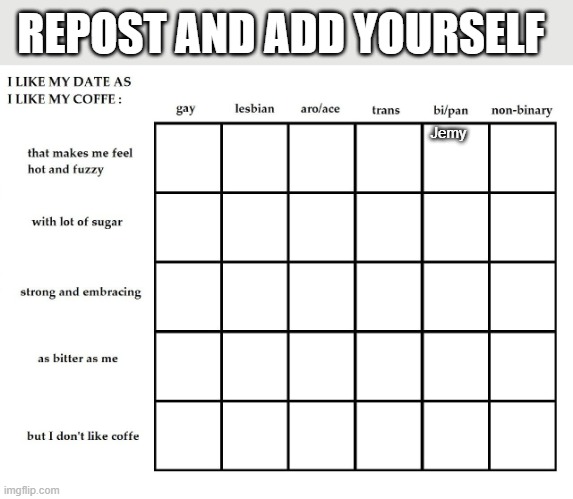 REPOST AND ADD YOURSELF; Jemy | made w/ Imgflip meme maker