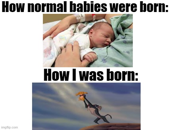 Raised in the wild | How normal babies were born:; How I was born: | image tagged in blank white template,memes,funny memes,funny | made w/ Imgflip meme maker